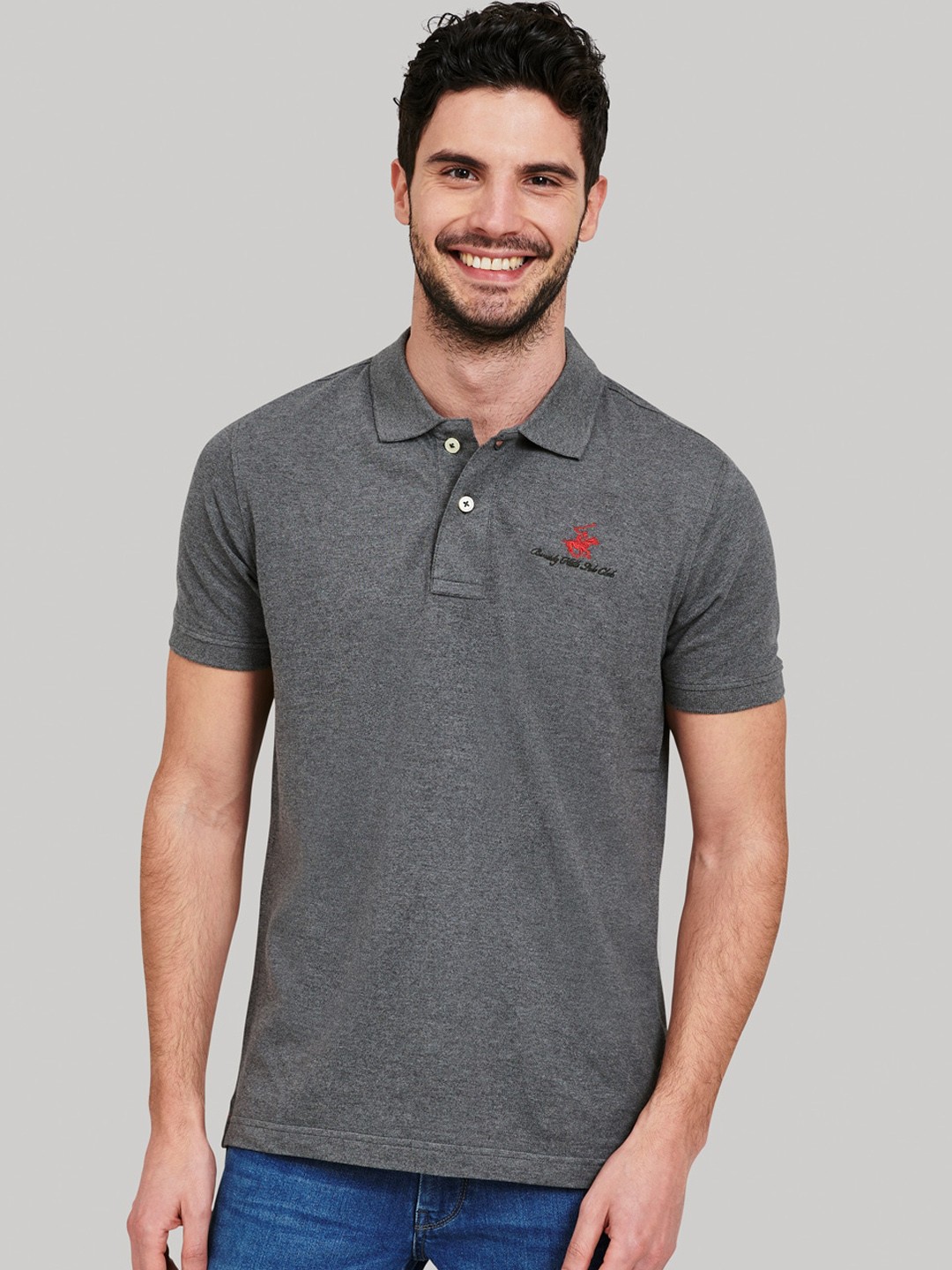 

Beverly Hills Polo Club Men Grey Solid Polo Collar T-shirt