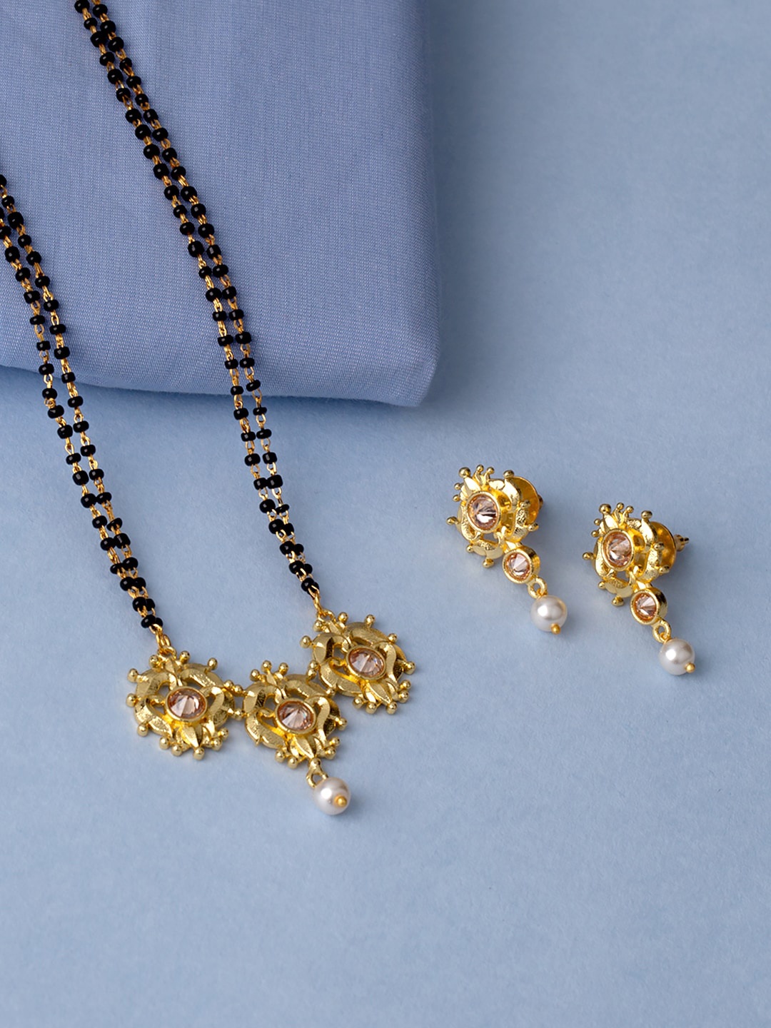 

Voylla Black Gold-Plated Stone Studded & Beaded Mangalsutra With Earrings