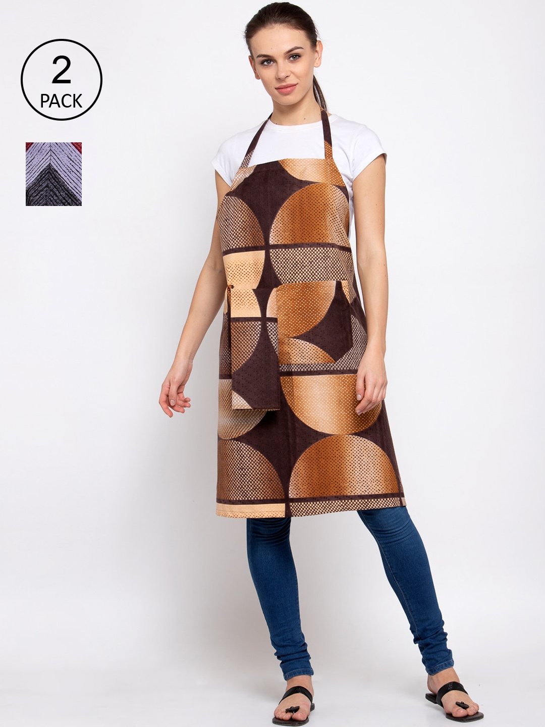 

KLOTTHE Pack Of 2 Printed 210 TC Cotton Aprons, Brown