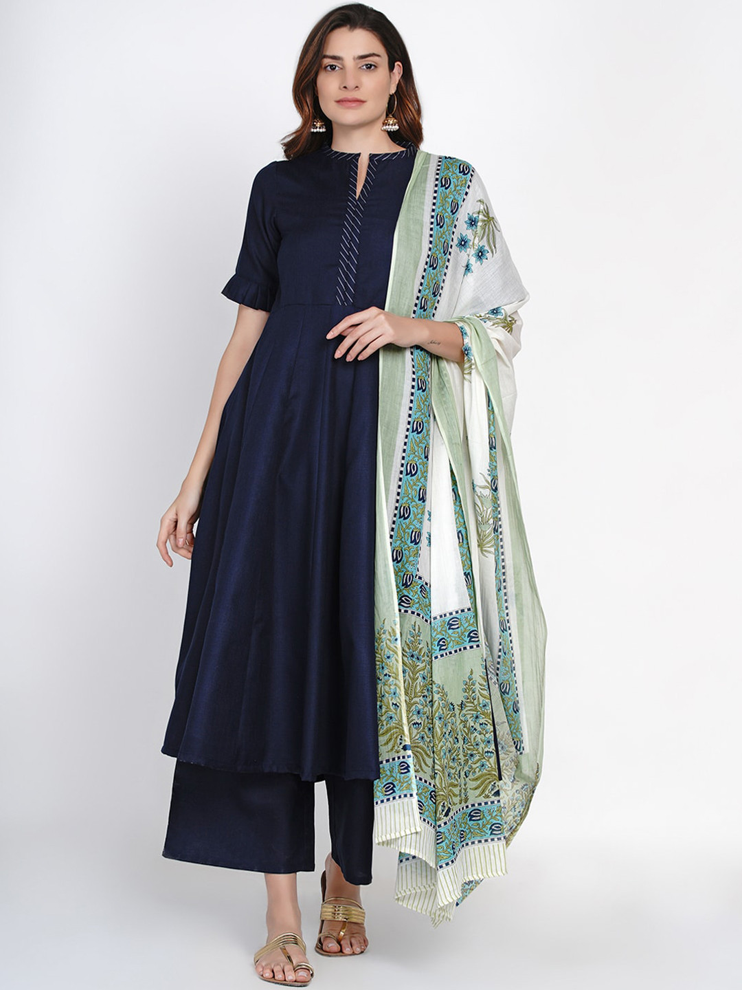 

Bhama Couture Women Blue Solid Kurta with Trousers & Dupatta