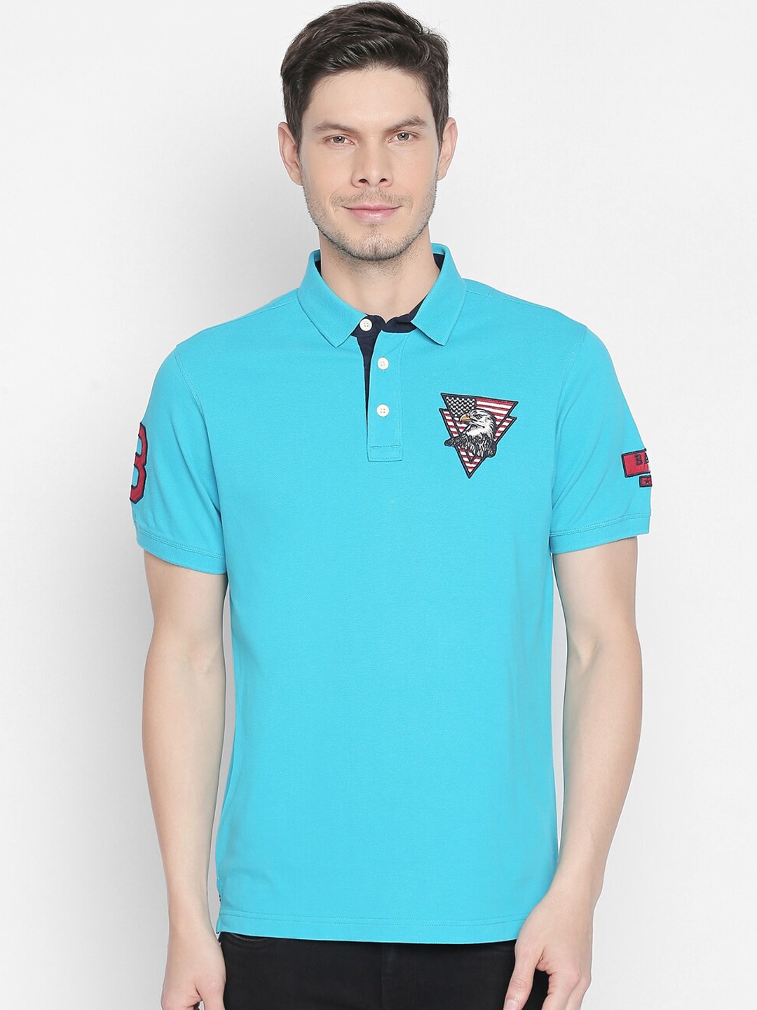 

Basics Men Turquoise Blue Solid Polo Collar T-shirt