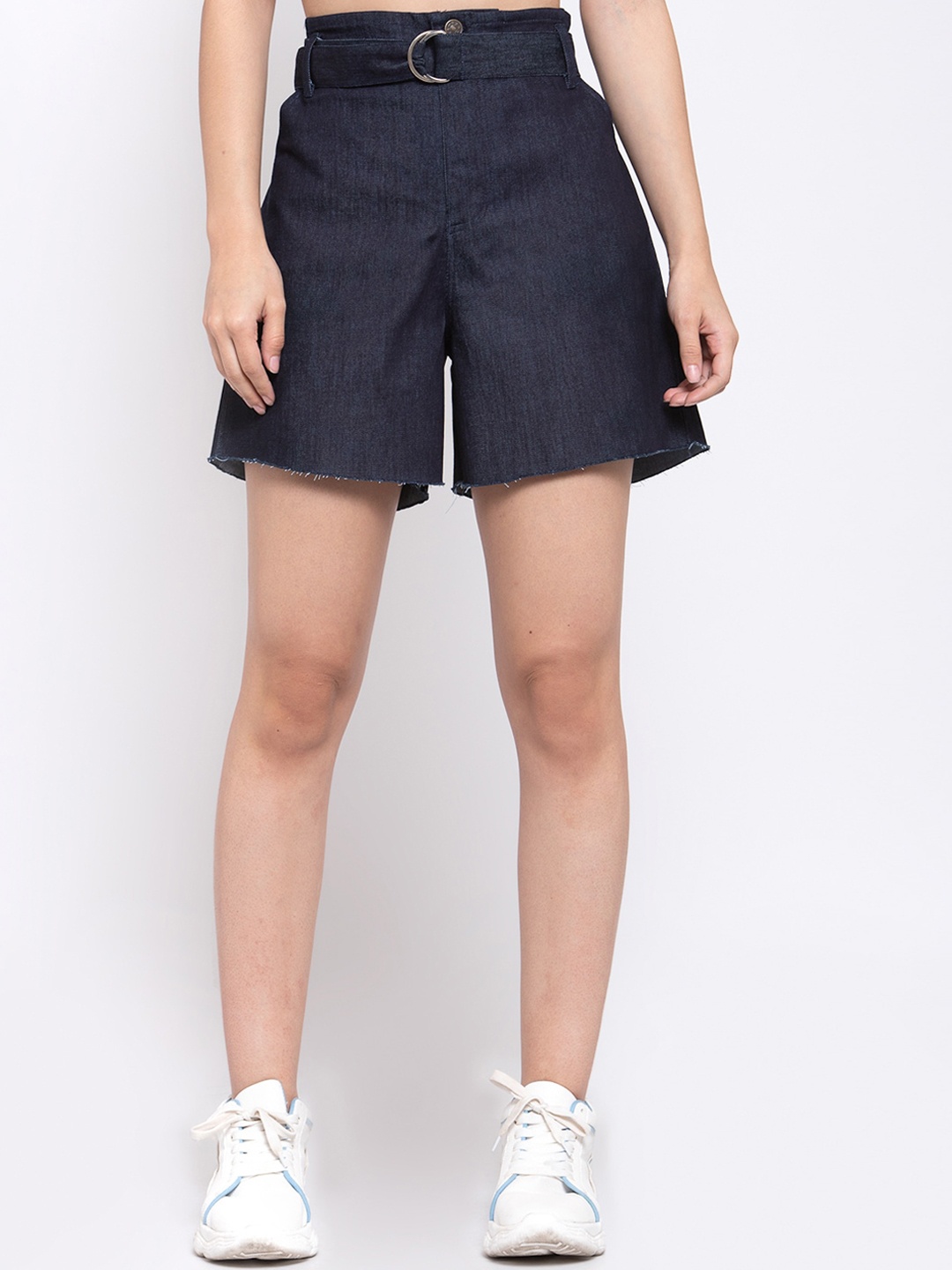 

Zastraa Women Navy Blue Solid Regular Fit Denim Shorts