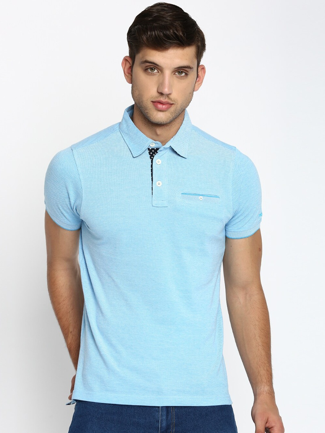 Basics Men Blue Solid Polo Collar T-shirt