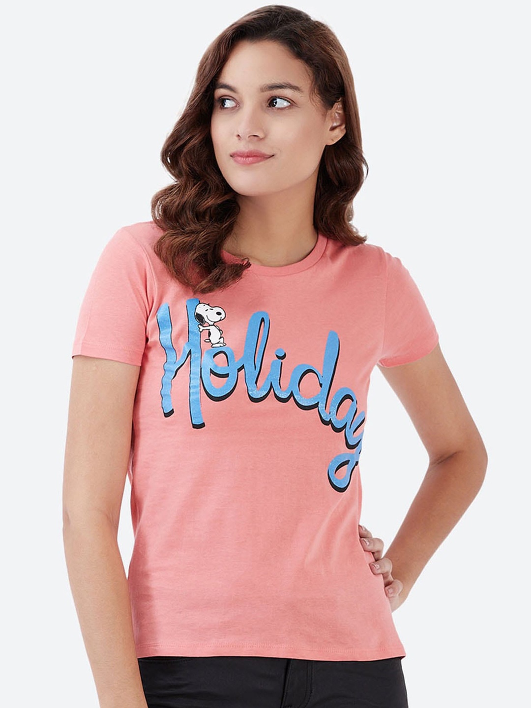 

Free Authority Women Pink Blue Snoopy Printed Pure Cotton T-shirt
