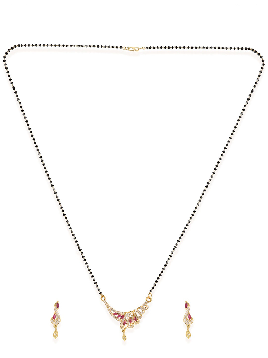 

ANIKAS CREATION Black & Pink Gold-Plated AD-Studded Beaded Mangalsutra & Earrings