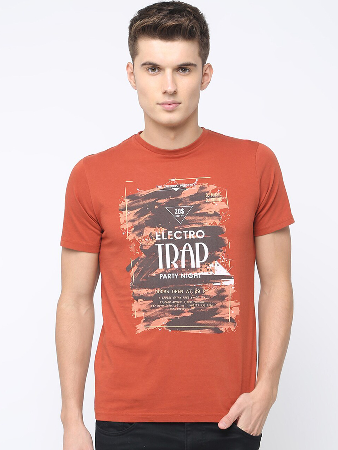 

Basics Men Orange Solid Round Neck T-shirt
