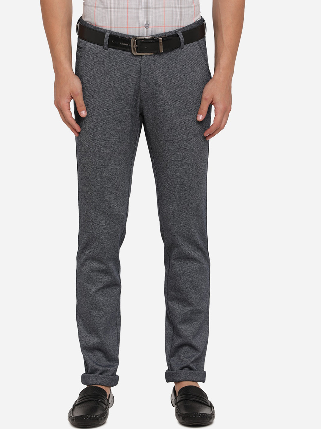 

JADE BLUE Men Grey Skinny Fit Self Design Regular Trousers