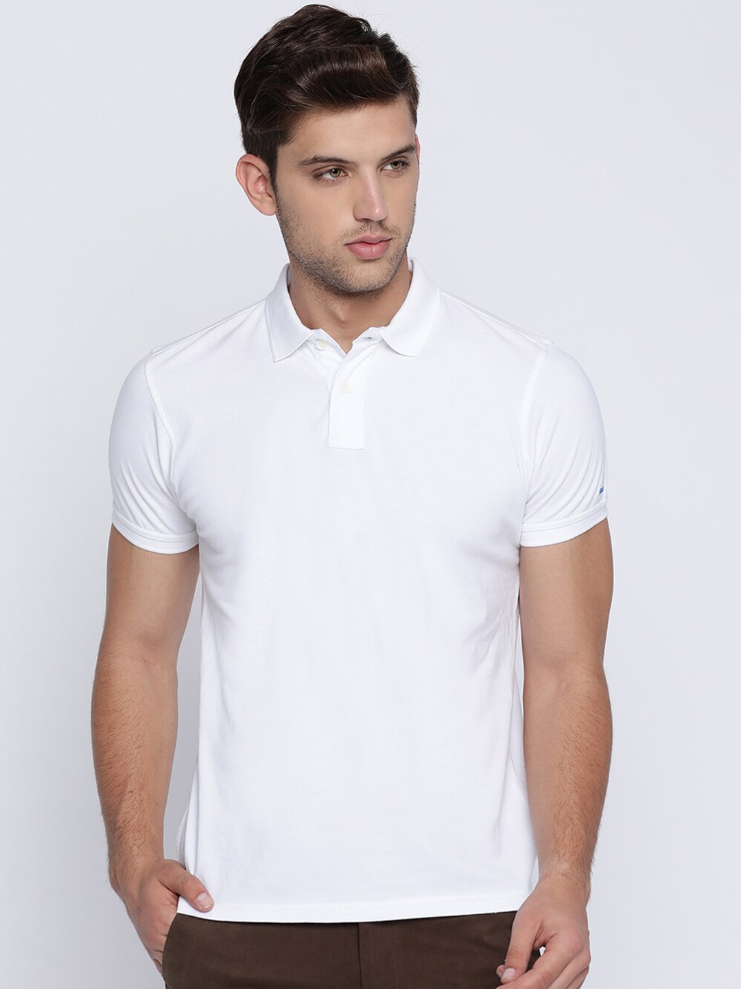 

Basics Men White Solid Cotton Polo Collar T-shirt