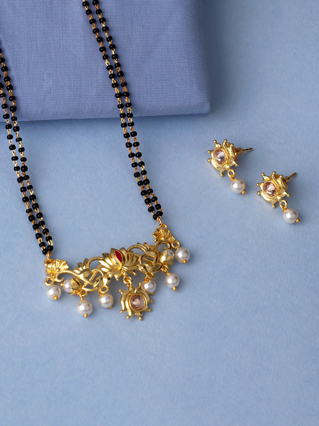 

Voylla Black Gold-Plated Stone Studded & Beaded Mangalsutra With Earrings