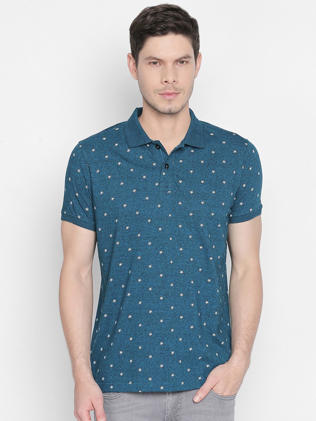 

Basics Men Turquoise Blue Printed Polo Collar T-shirt