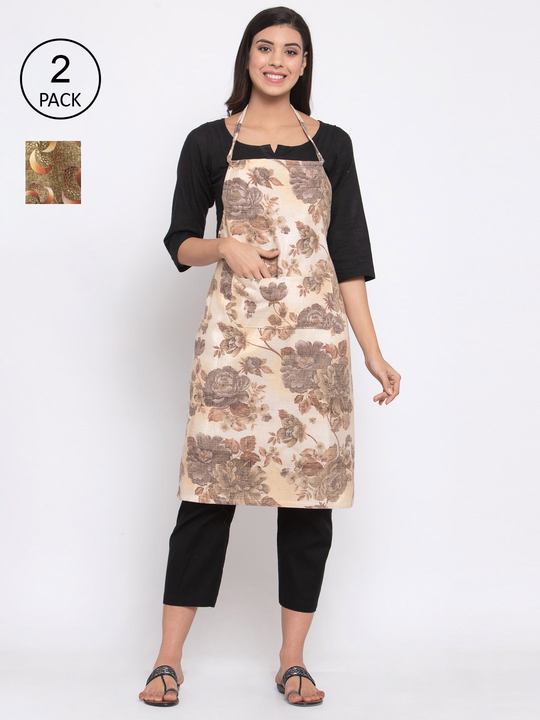 

KLOTTHE Pack Of 2 Printed 210 TC Cotton Aprons, Beige