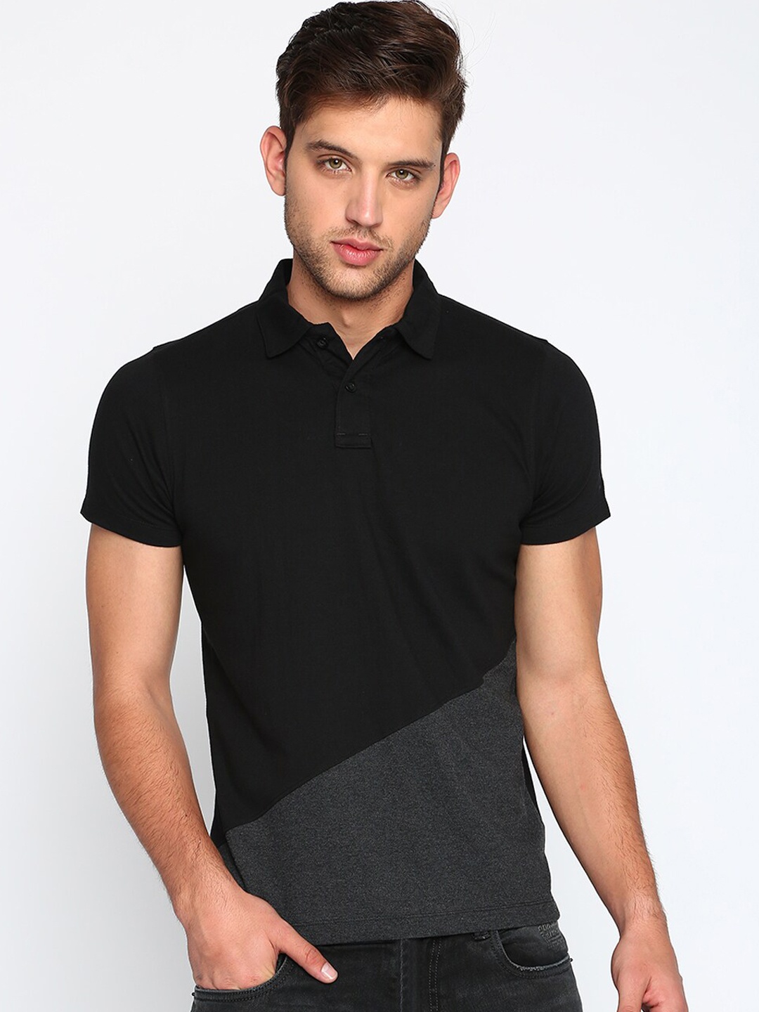 

Basics Men Black & Grey Colourblocked Polo Collar T-shirt