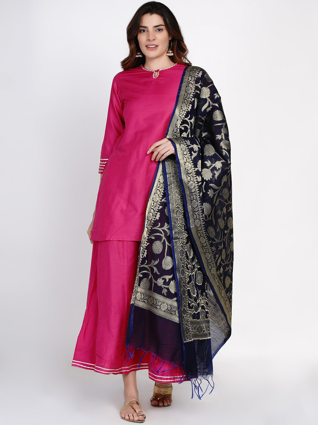 

Bhama Couture Women Pink Solid Kurti with Palazzos & Dupatta