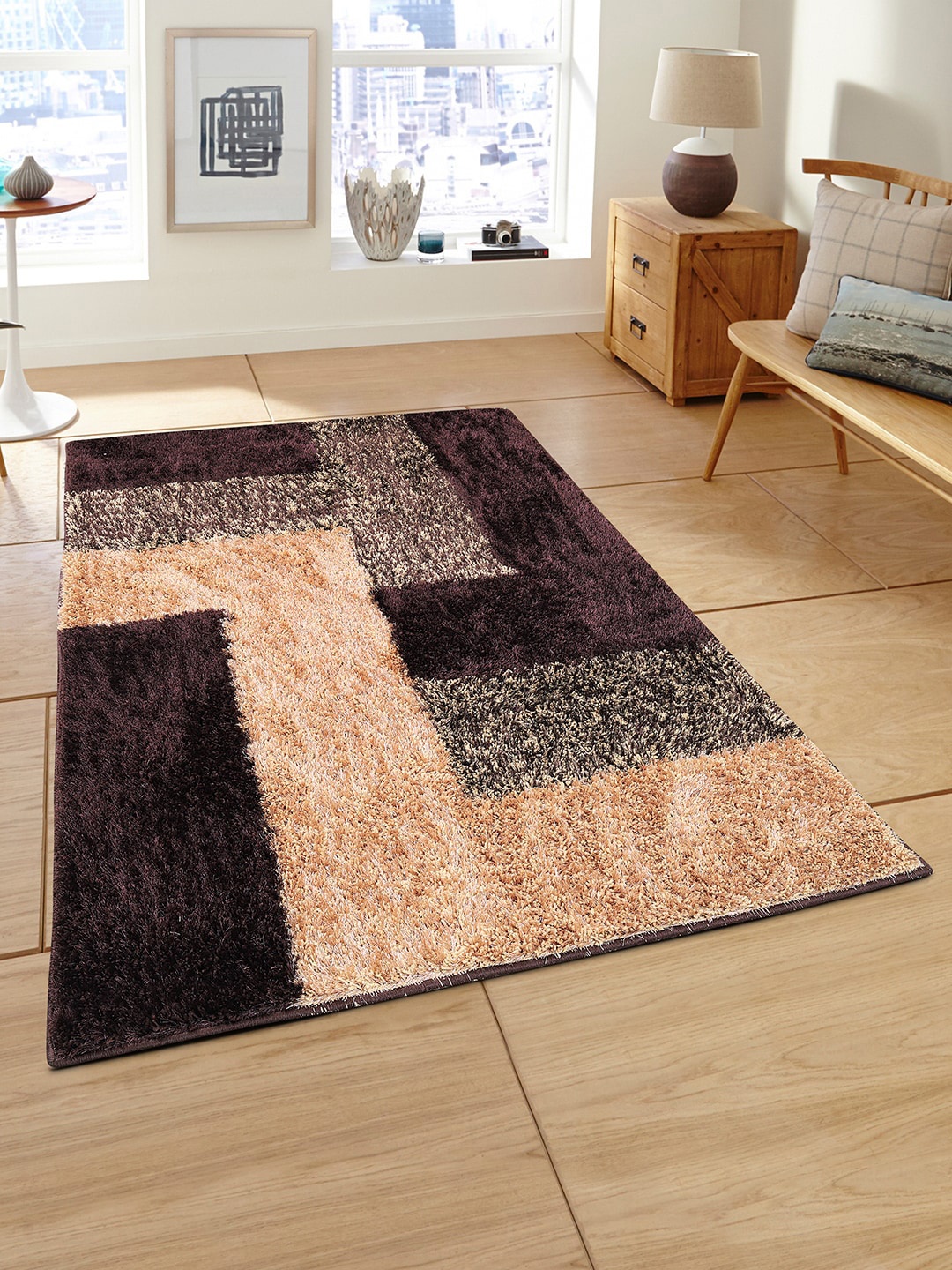 

ROMEE Brown & Beige Geometric Patterned Heavy-Shaggy Anti-Skid Carpet