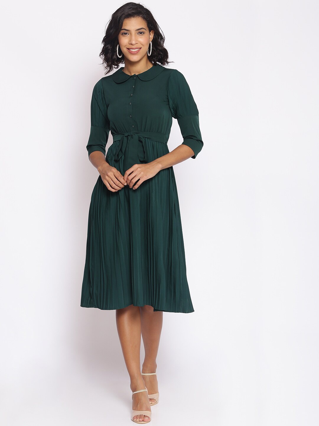 

Cottinfab Women Bottle Green Solid Fit and Flare Dress