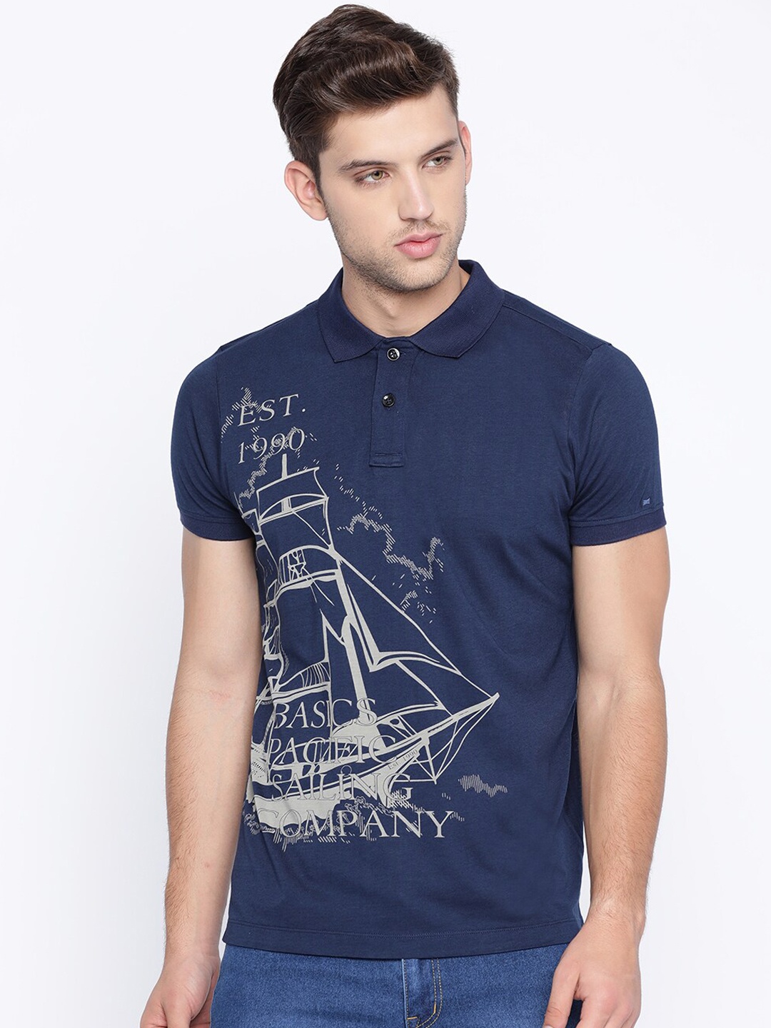 

Basics Men Navy Blue Printed Polo Collor T-shirt