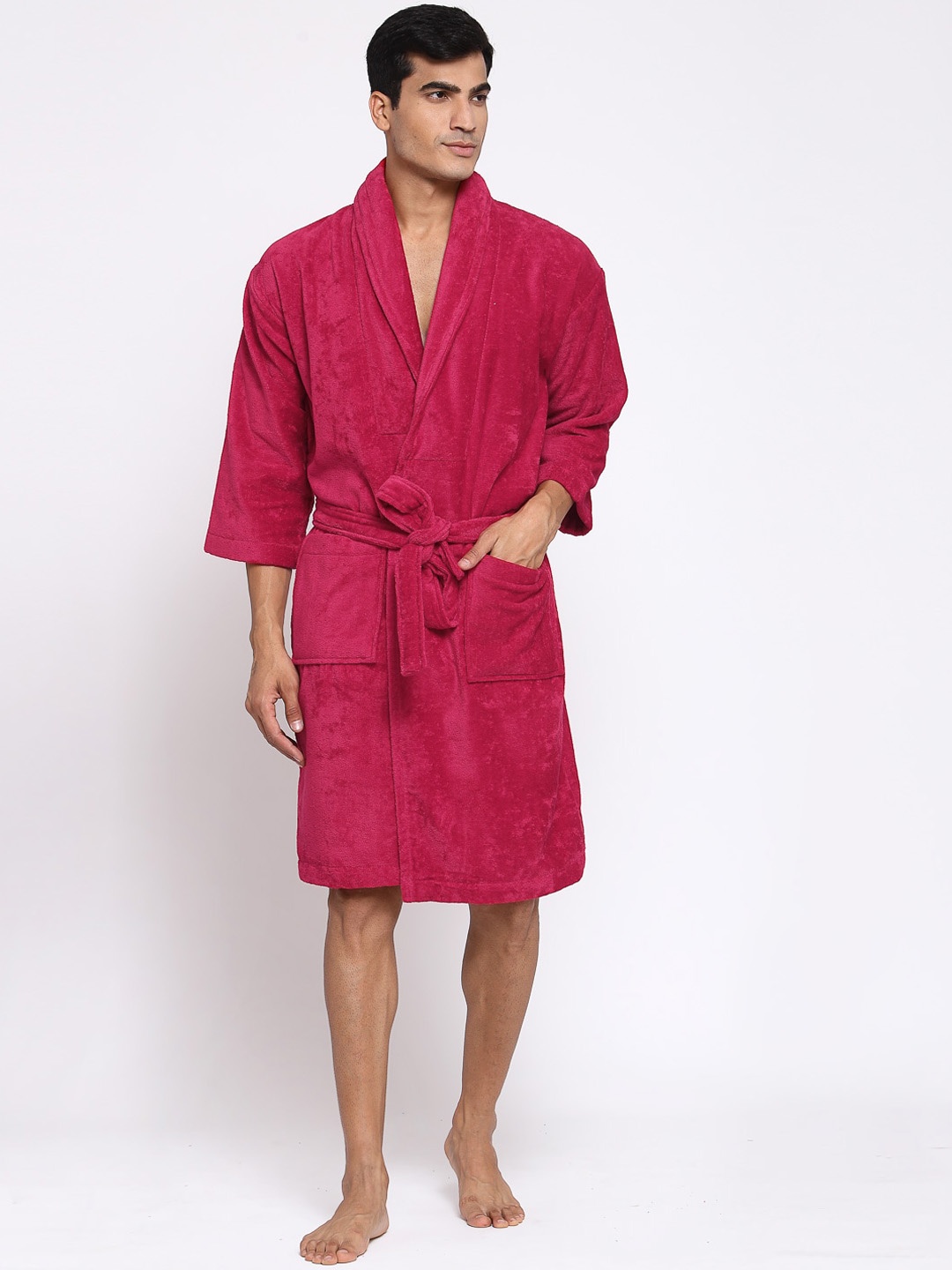 

MYTRIDENT Men Pink Solid Bath Robe with Belt