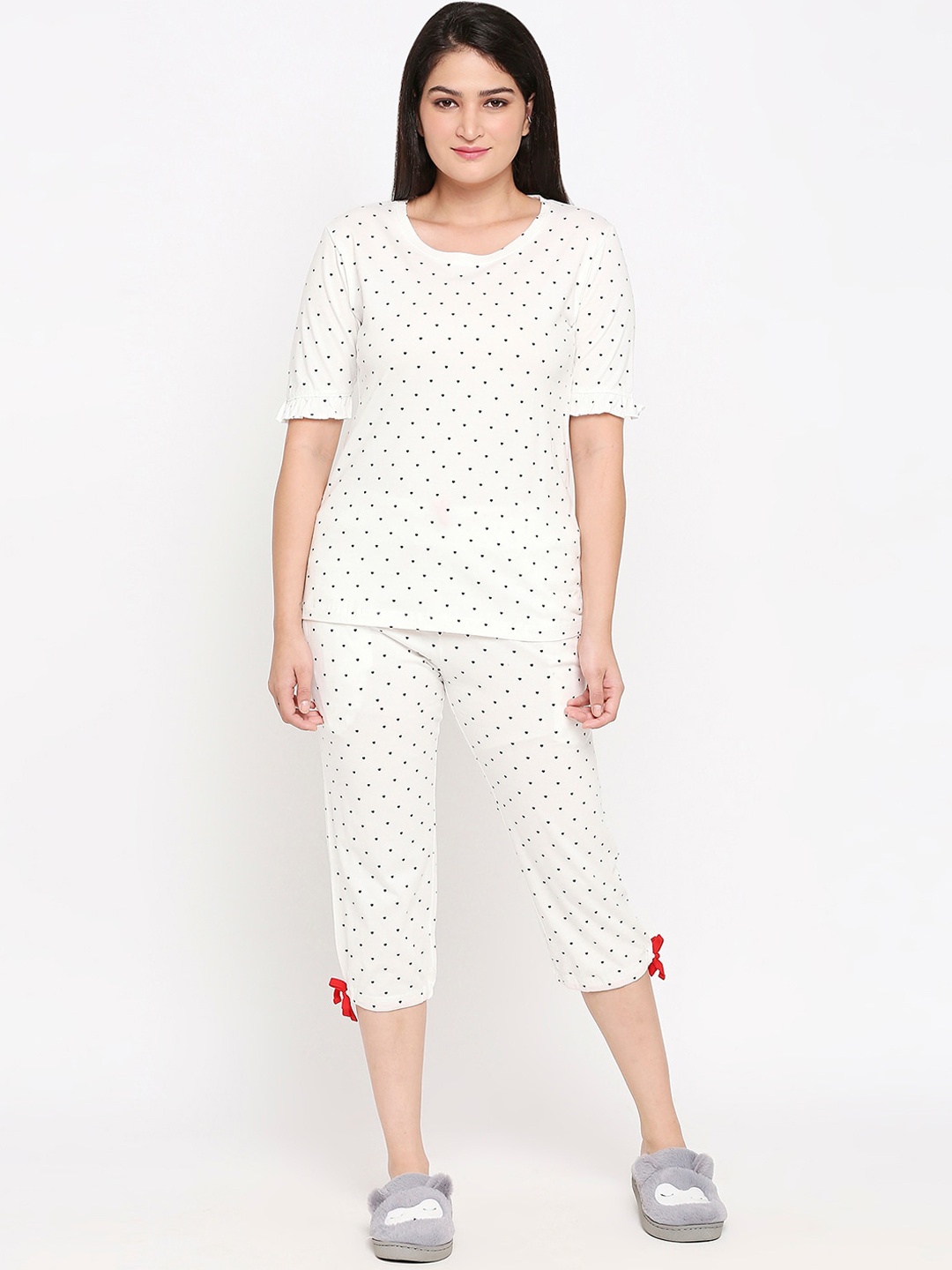 

XIN Women White & Black Polka Dots Print Night Suit
