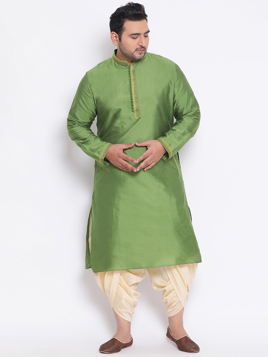 KISAH PLUS Men Plus Size Green & Cream-Coloured Solid Kurta with Dhoti Pants