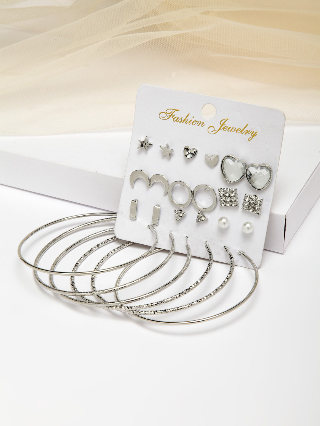 

Shining Diva Fashion Silver-Toned Combo Set Of 9 Studs and Hoops Earrings