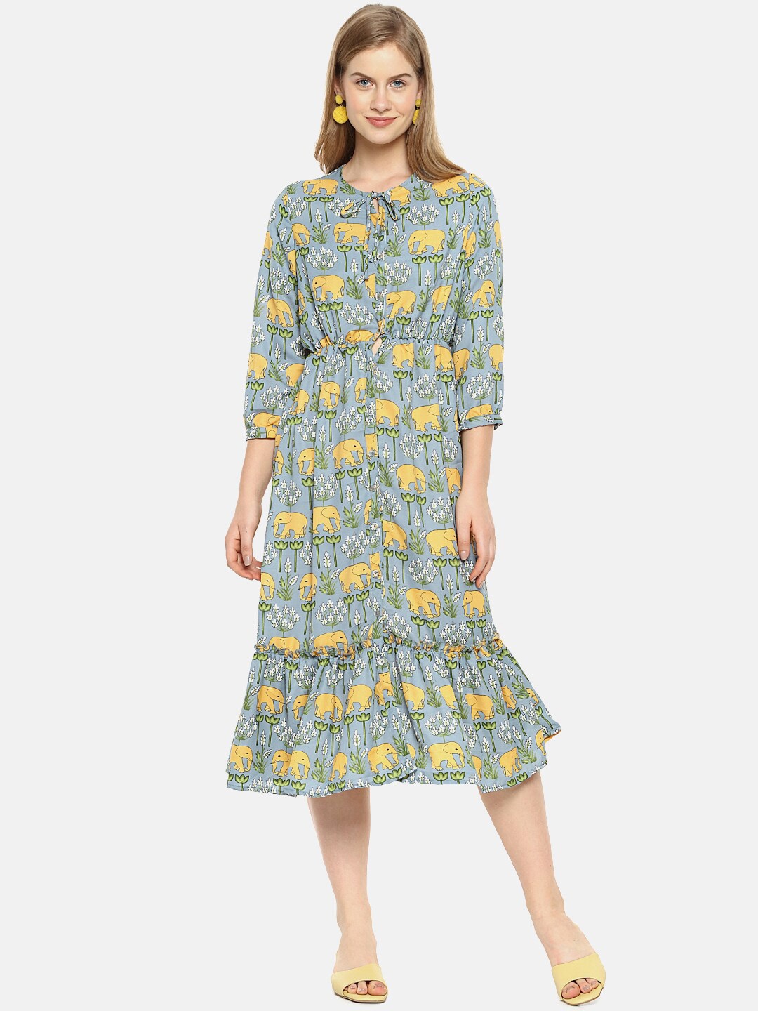 

Campus Sutra Women Green Printed A-Line Dress