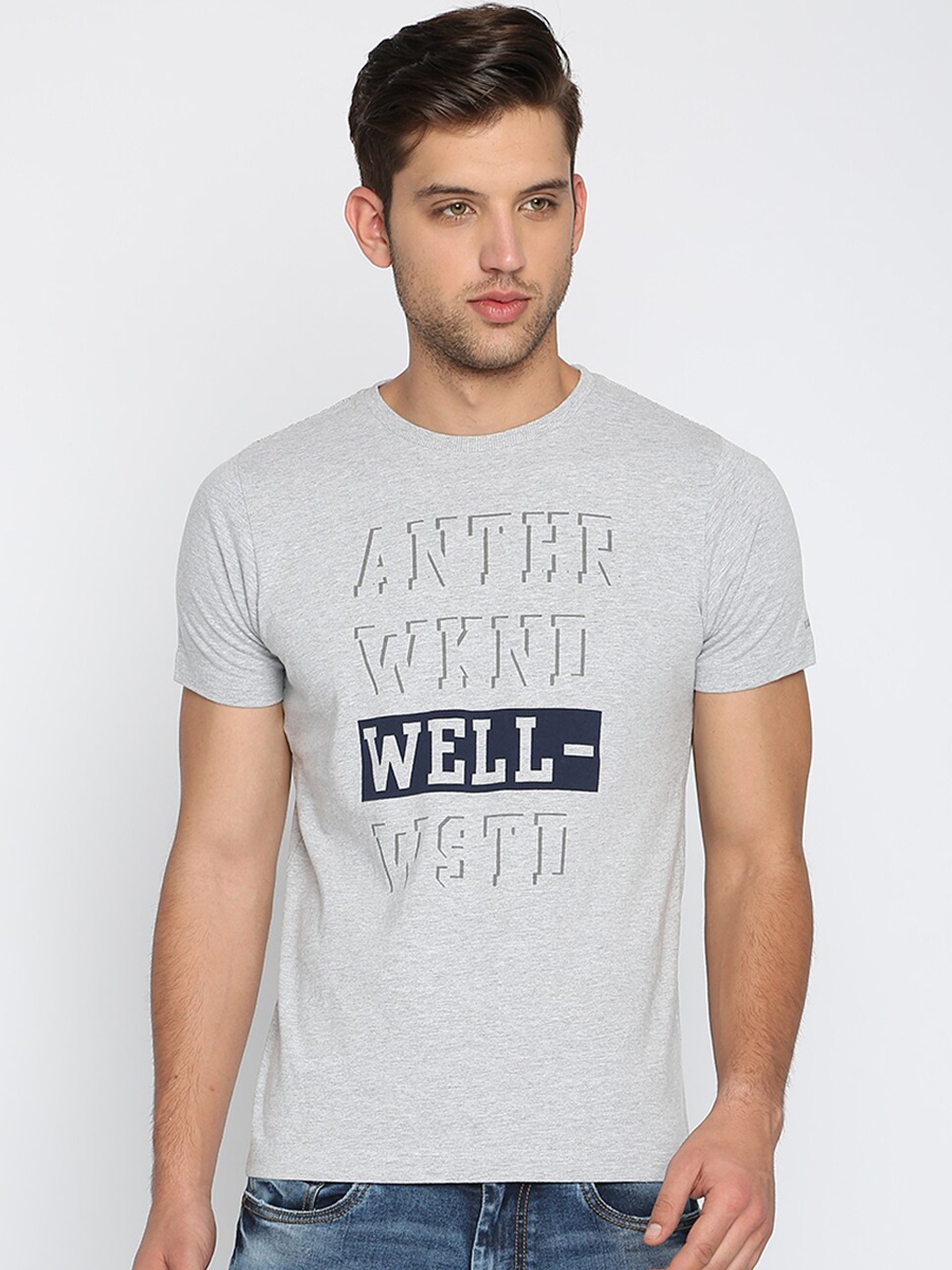 

Basics Men Grey Typography Printed Slim Fit T-shirt