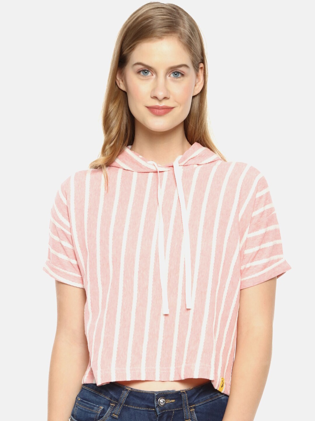 

Campus Sutra Pink Striped Pure Cotton Regular Top
