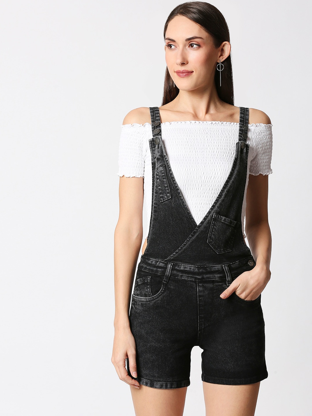 

High Star Women Black Washed Slim-Fit Stretchable Denim Dungaree