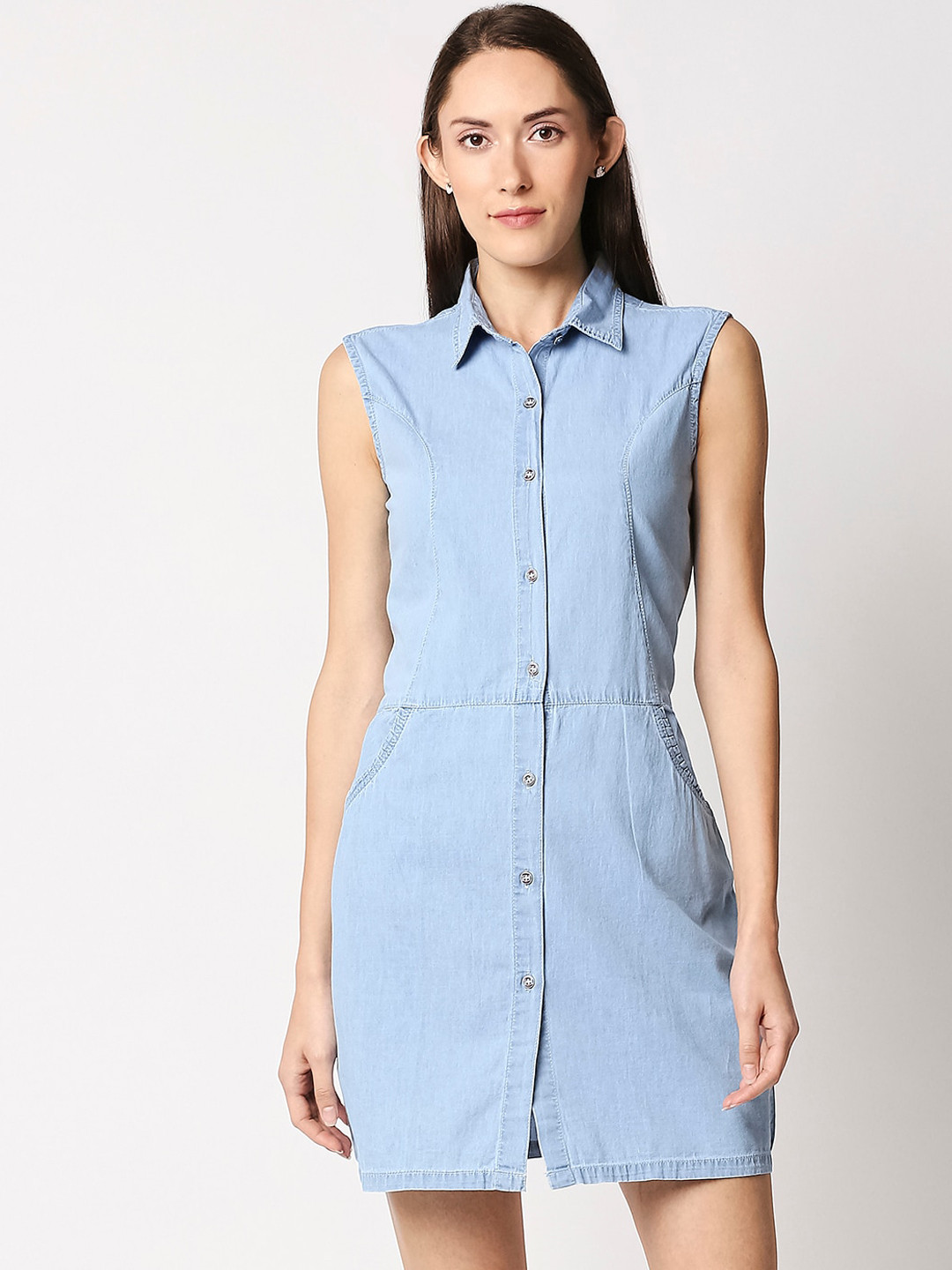 

High Star Women Blue Solid Shirt Dress