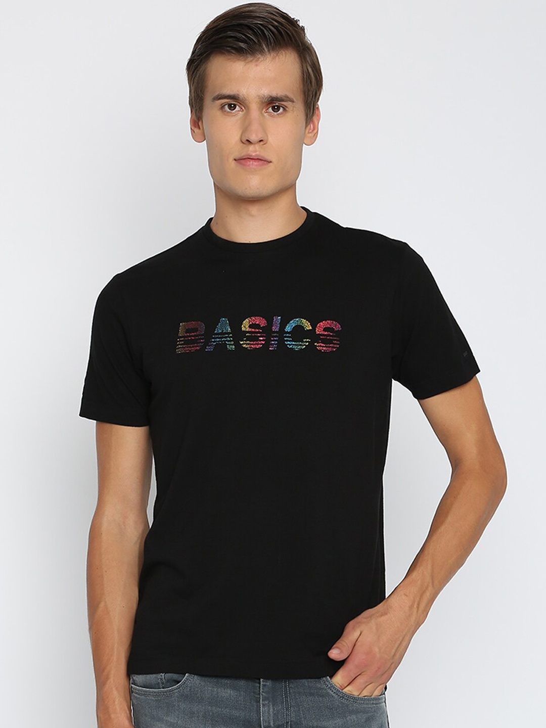 

Basics Men Black Printed Round Neck T-shirt