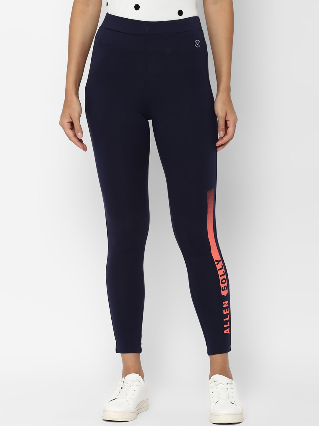 

Allen Solly Woman Navy Blue & Orange Printed Leggings