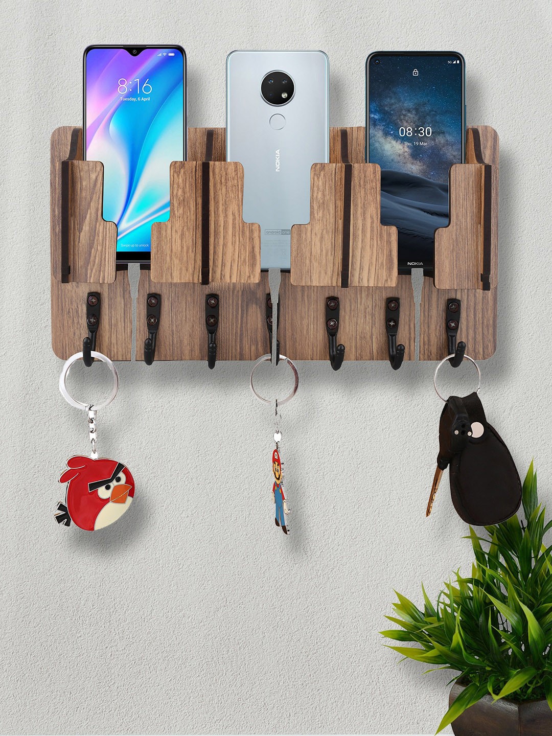 

ROMEE Brown Solid Wooden Wall Key & Mobile Stand Holder