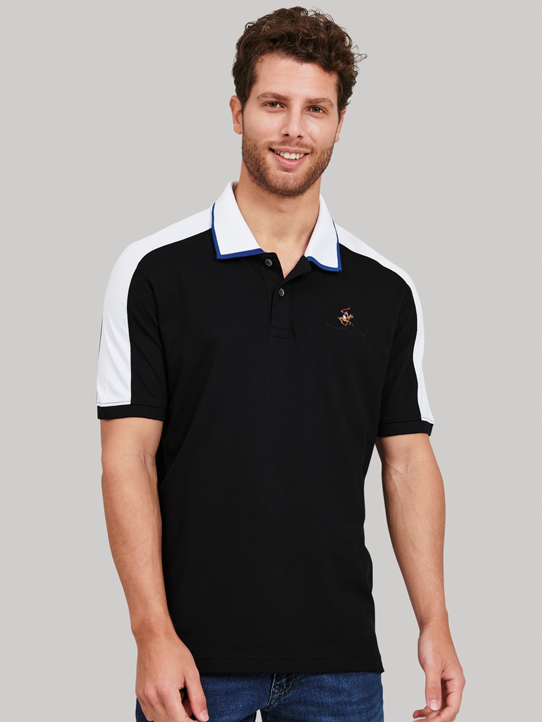 

Beverly Hills Polo Club Men Black Colourblocked Polo Collar T-shirt