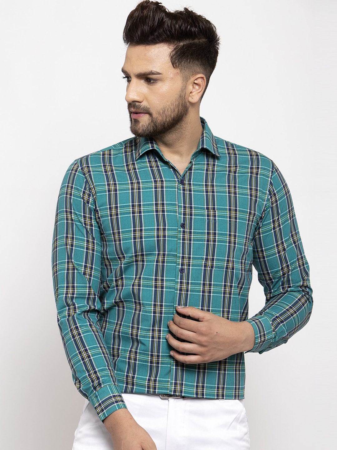 

JAINISH Men Green & Navy Blue Regular Fit Checked Formal Shirt