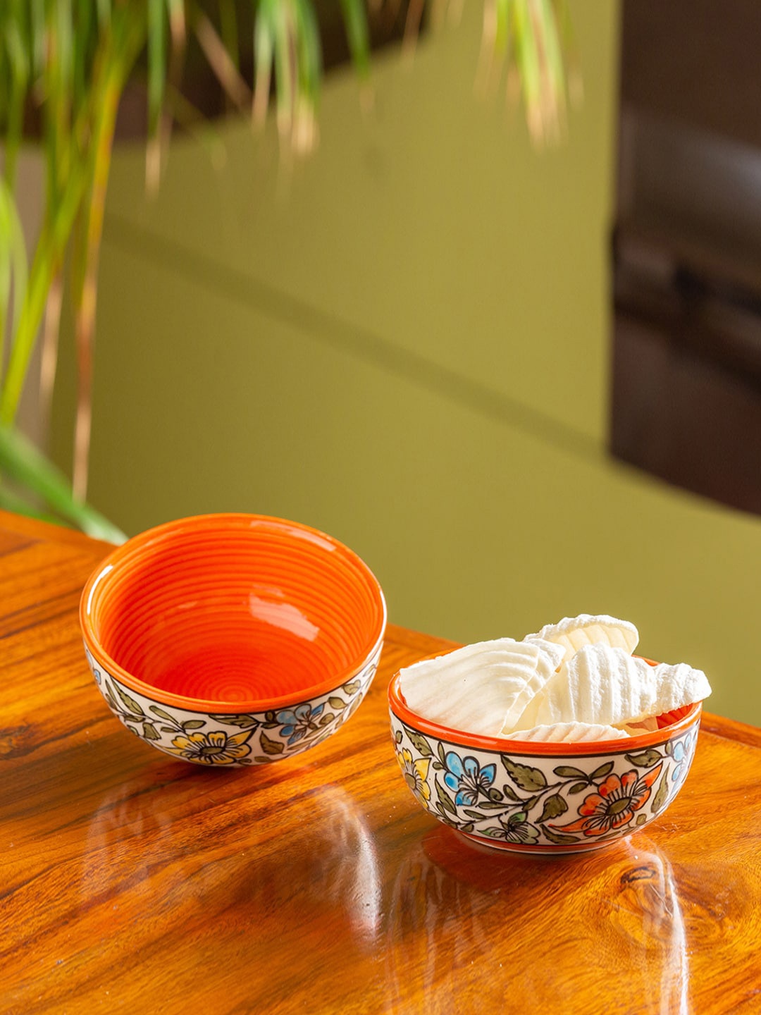 

ExclusiveLane Set Of 2 Mughal Bagheecha Hand-Painted Serving Bowls - 450 ml, Orange