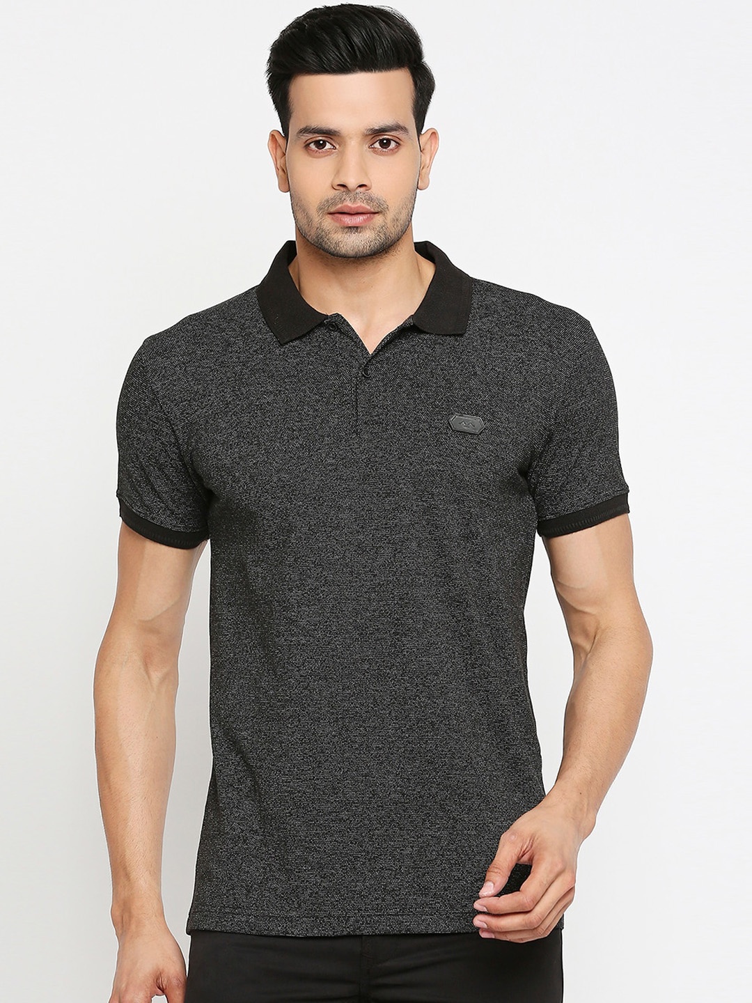 

Mufti Men Black Self Design Polo Collar T-shirt
