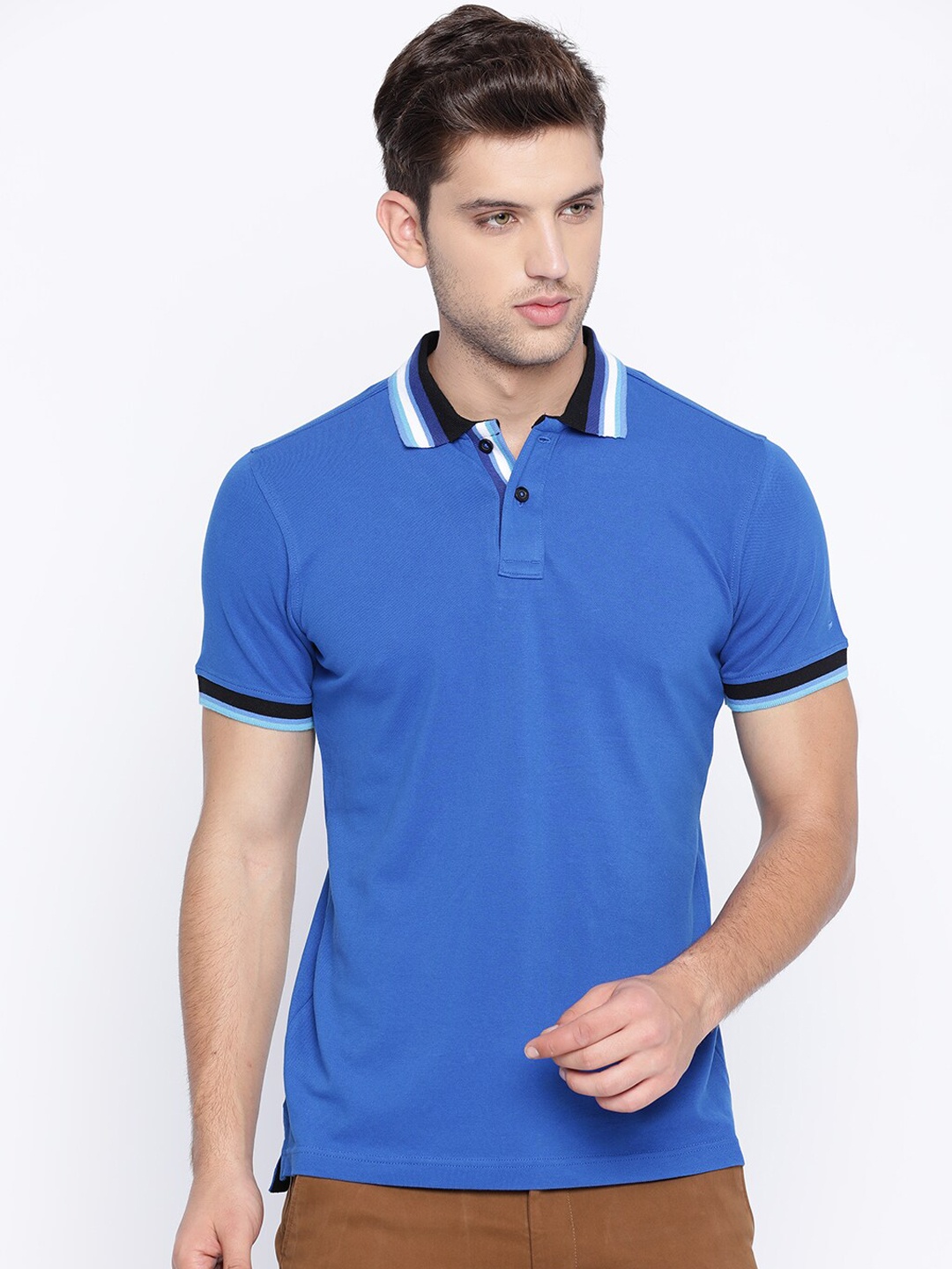 

Basics Men Blue Solid Cotton Polo Collar T-shirt