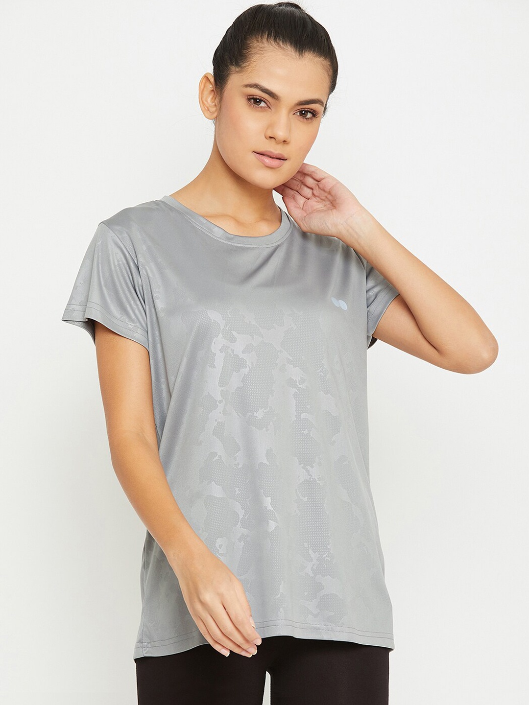 Clovia Printed Round Neck Active T-shirt, Grey