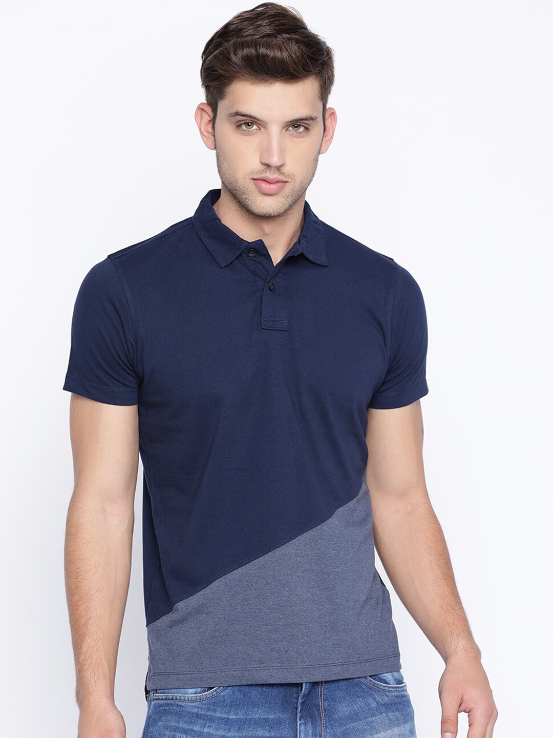 

Basics Men Navy Blue Colourblocked Polo Collar T-shirt