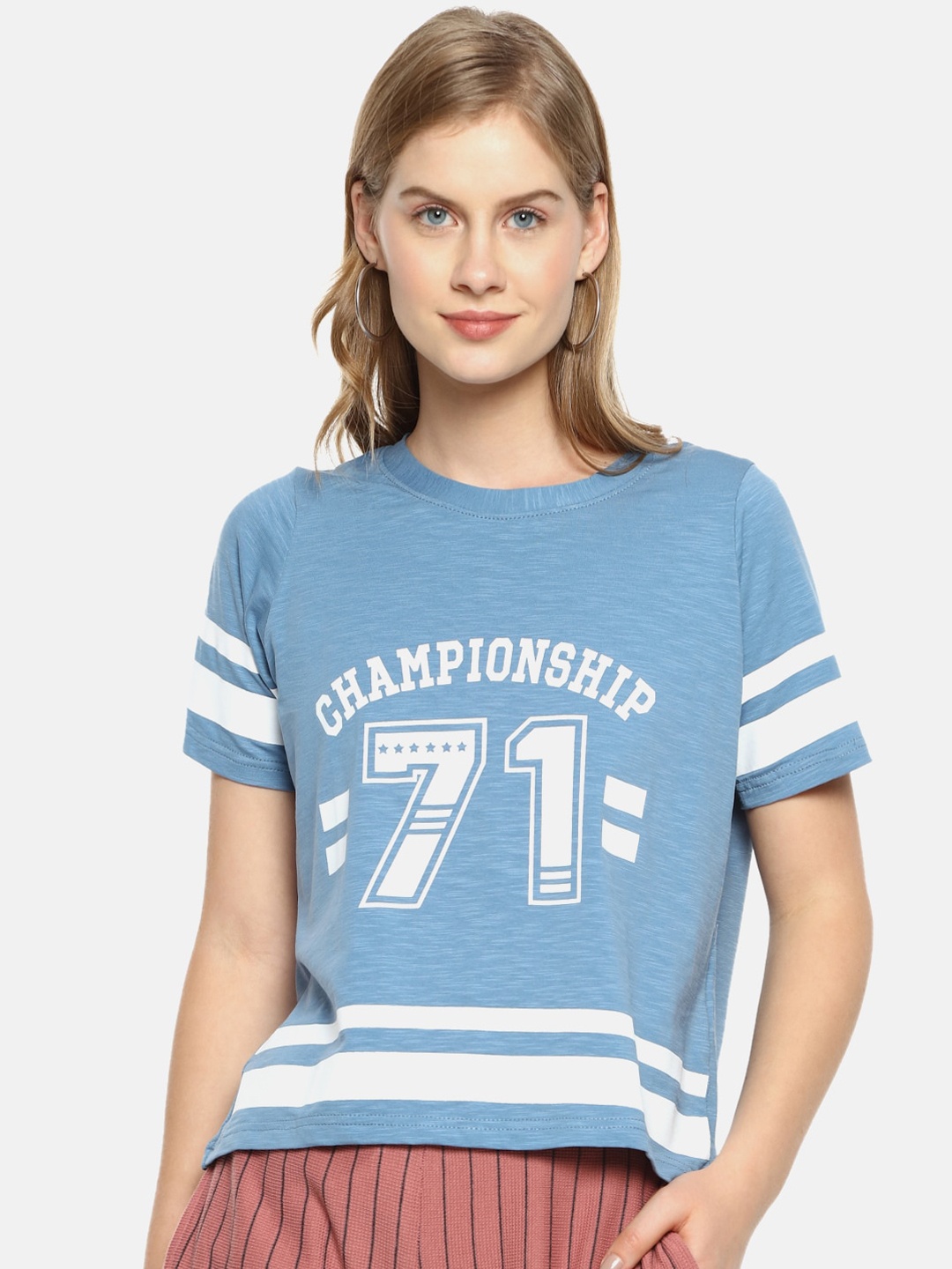 

Campus Sutra Blue & White Printed Pure Cotton Regular Top