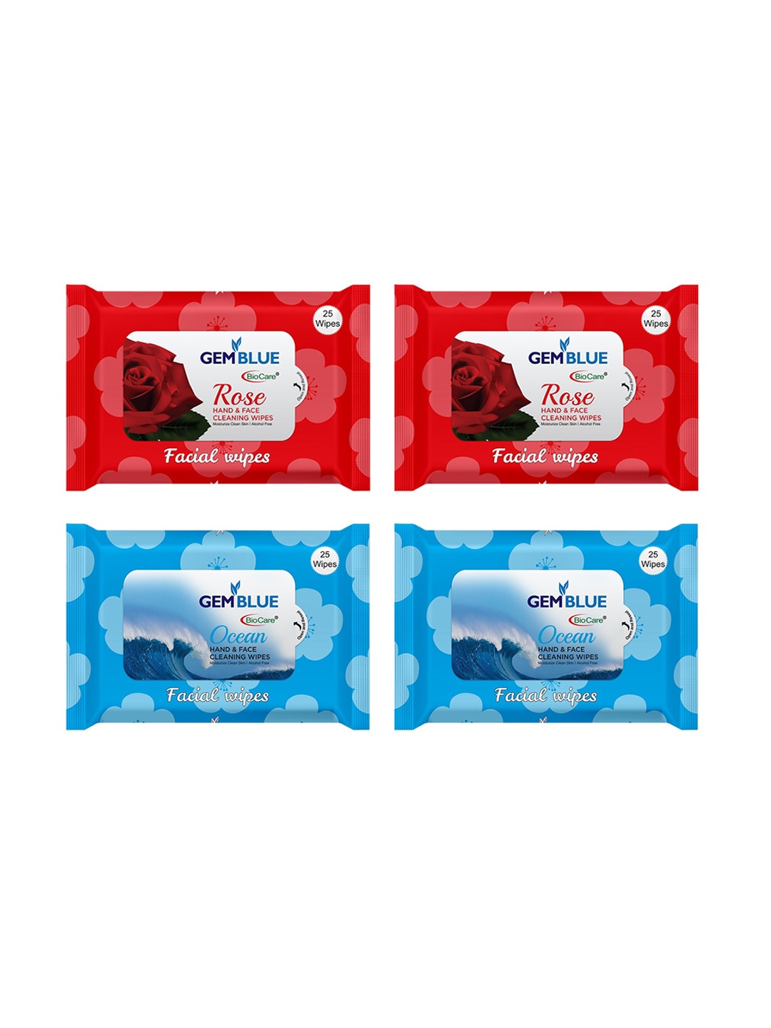 

GEMBLUE BioCare Set of 4 Rose & Ocean Facial Wipes, Red