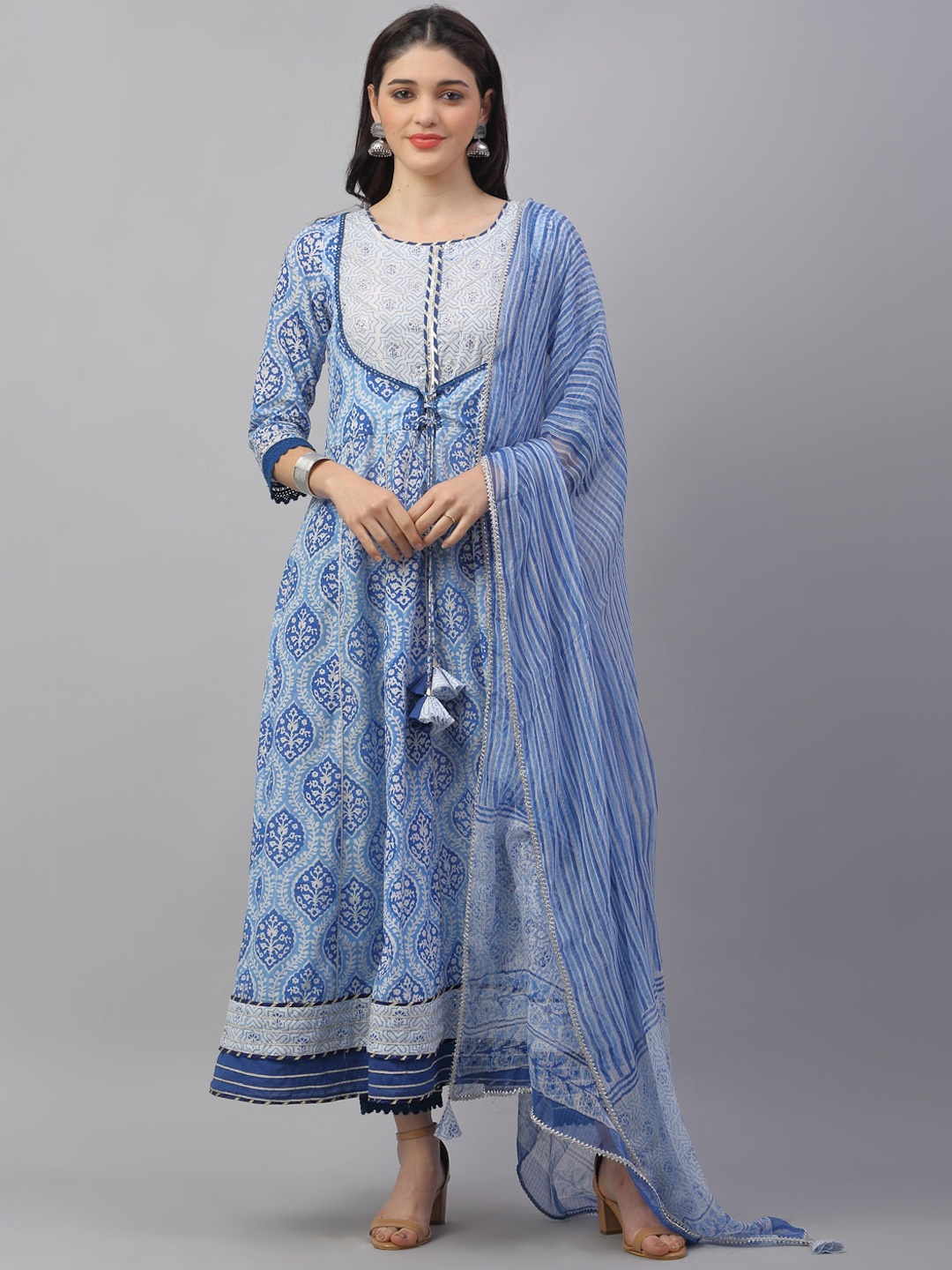 

ANAISA Women Blue & Off-White Embroidered Kurta with Trousers & Dupatta