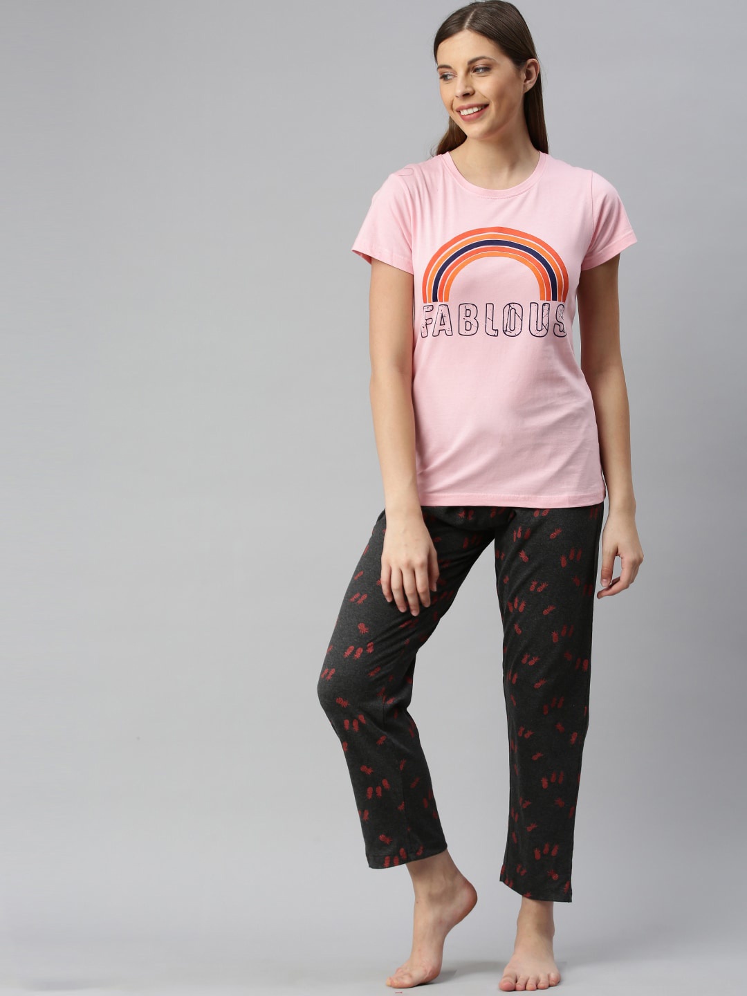 

Kryptic Women Pink & Grey Printed Night Suit