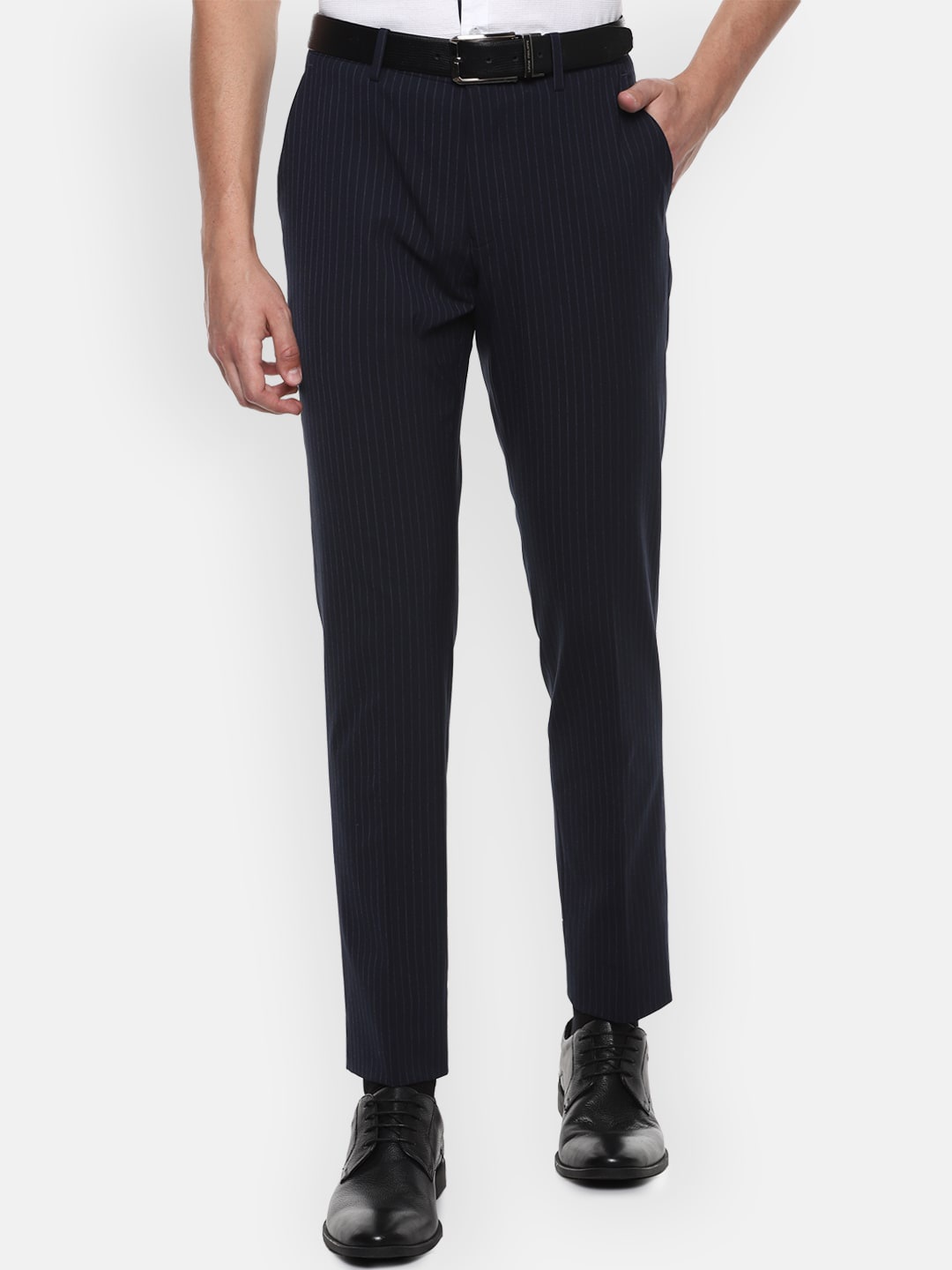 

Louis Philippe Men Navy Blue Slim Fit Striped Formal Trousers