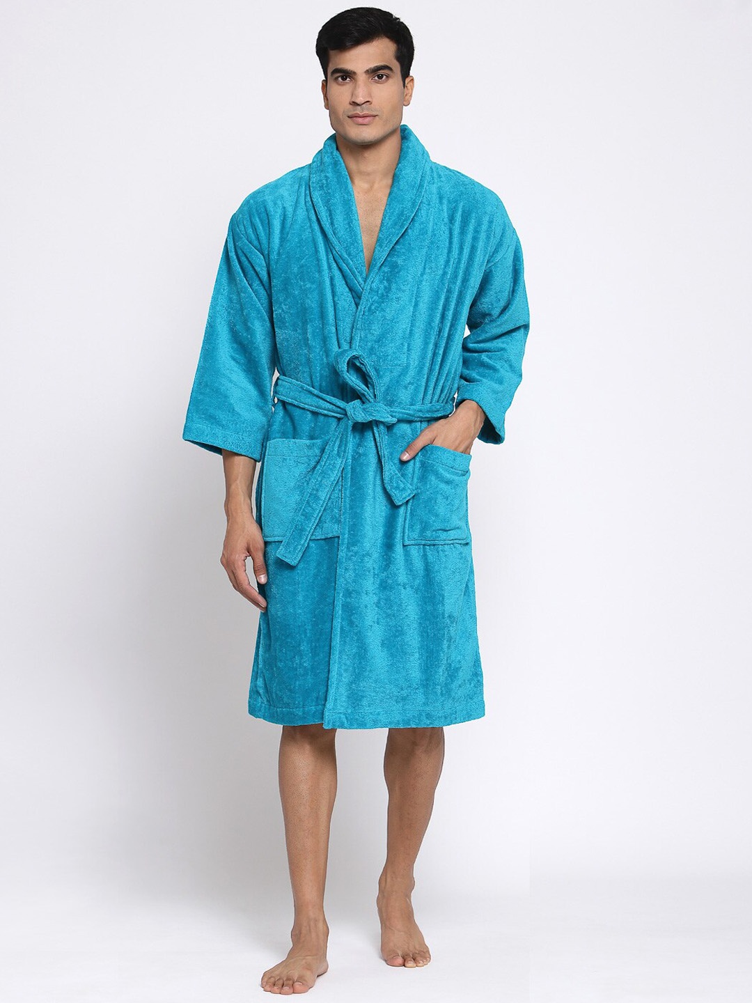

MYTRIDENT Men Blue Solid Bath Robe with Belt