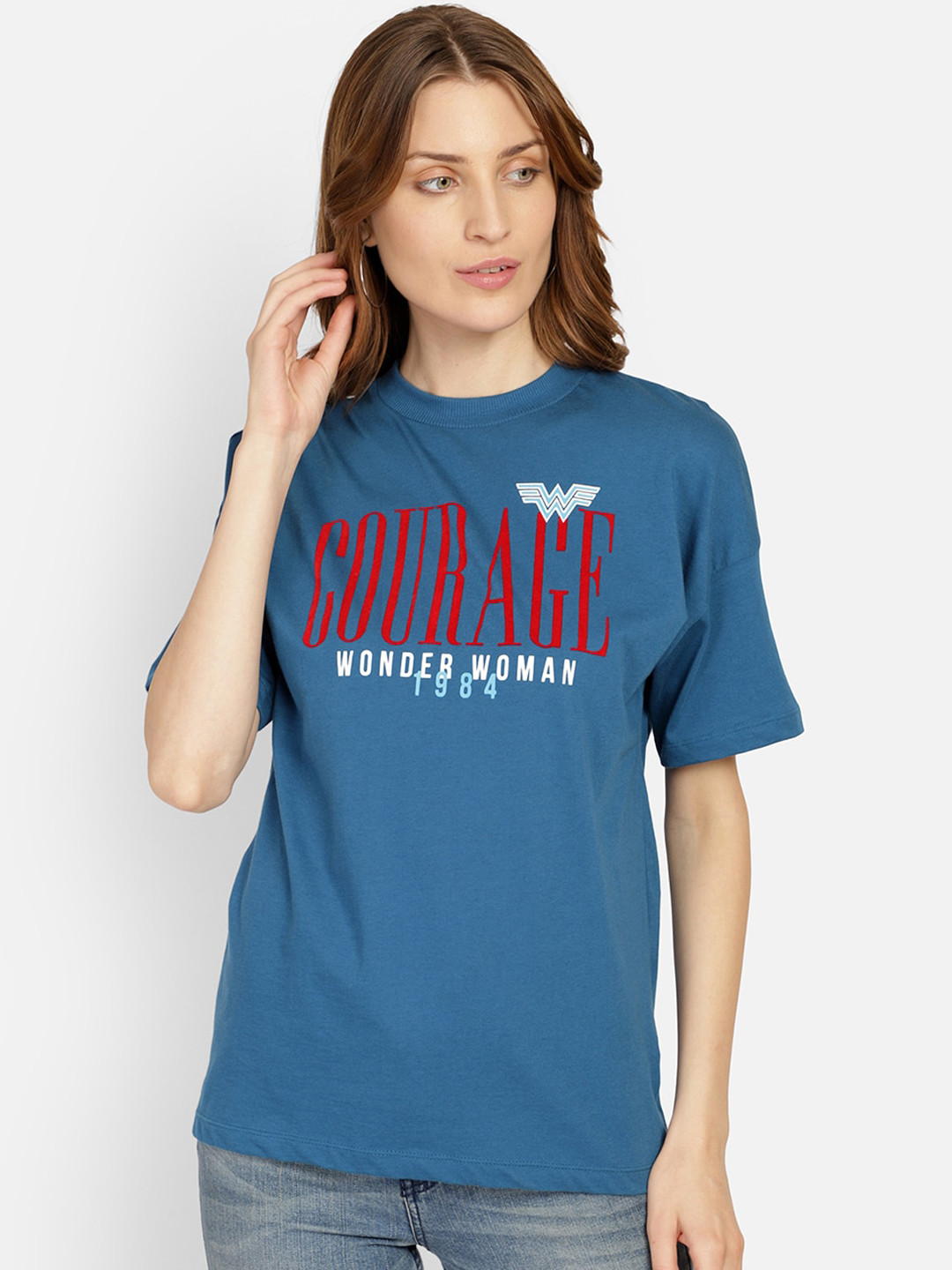 

Free Authority Women Blue Wonder Woman Printed Round Neck Pure Cotton T-shirt