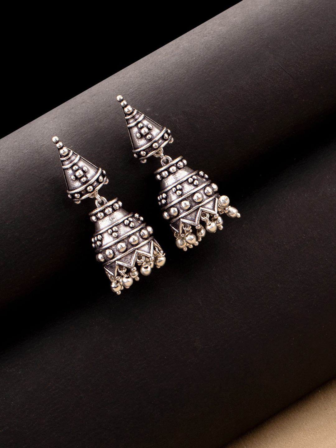 Voylla Silver-Plated Black Oxidized Contemporary Drop Earrings