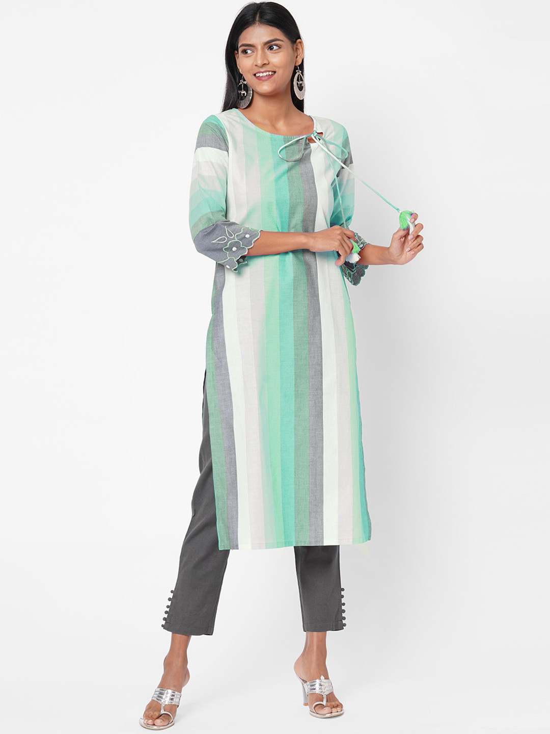 

Os Women Green Striped Kurta