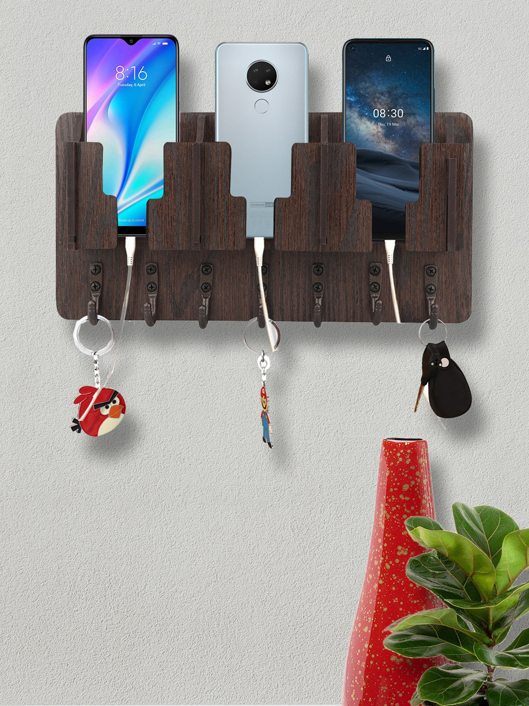 

ROMEE Brown Solid Wooden Wall Key & Mobile Stand Holder