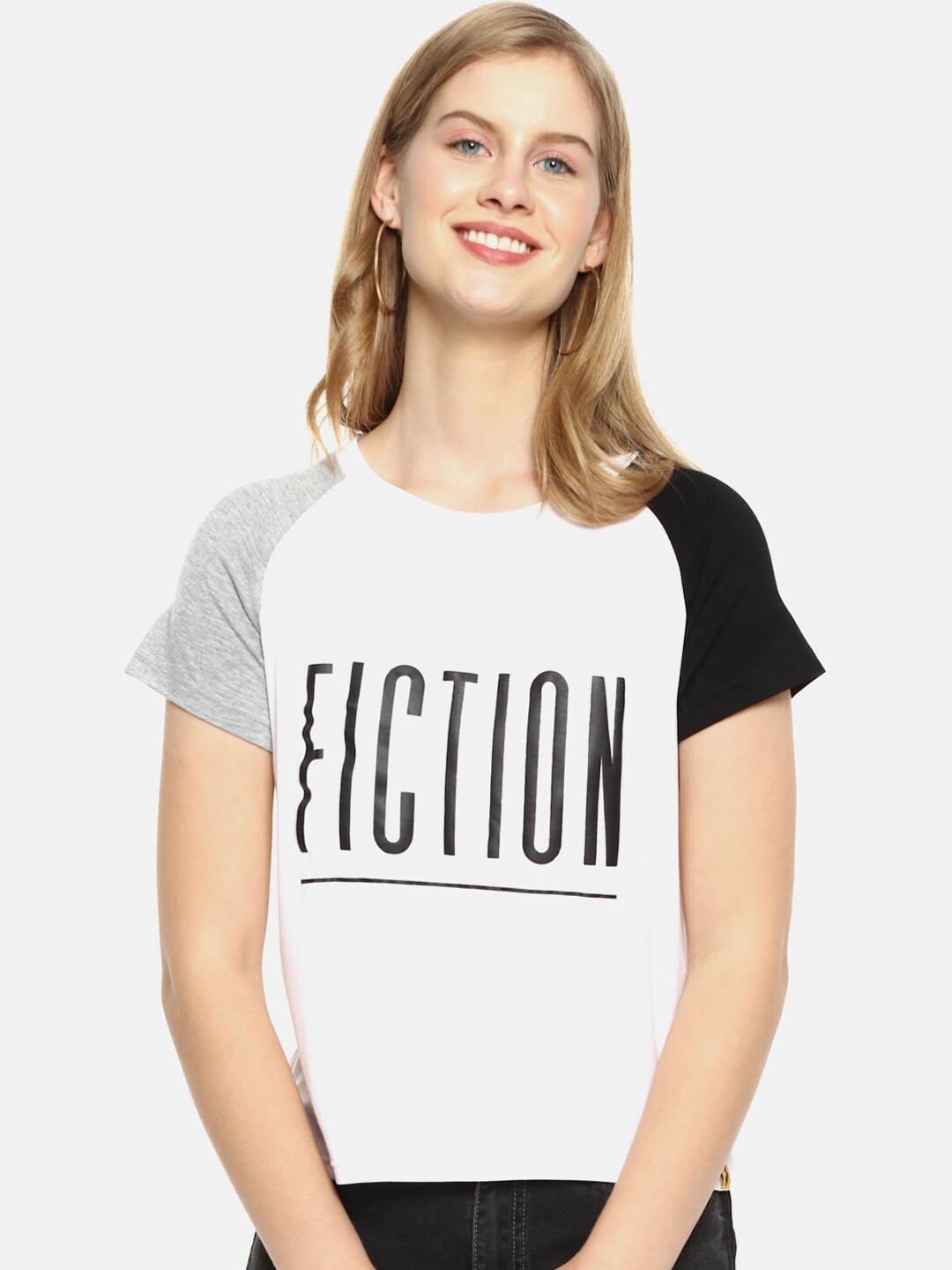 Campus Sutra White & Black Printed Pure Cotton Regular Top